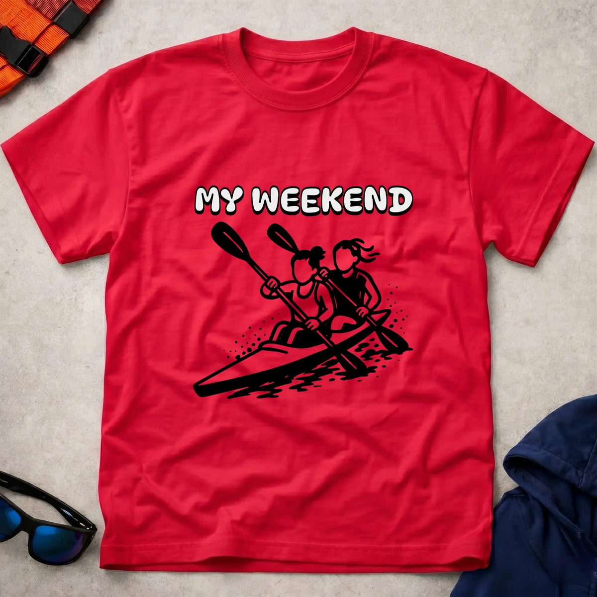 My Weekend K2 tee in Red — cartoon K2 kayak crew with 'My Weekend' lettering — Vector Paddle