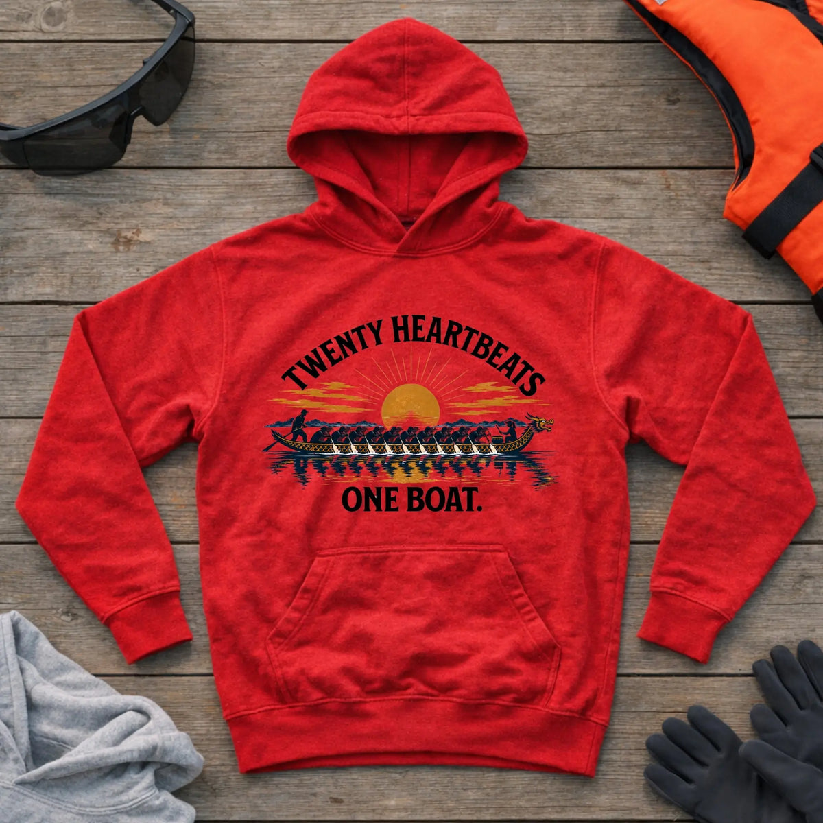 Twenty Heartbeats One Boat hoodie in Red — dragon boat crew paddling in unison — Vector Paddle