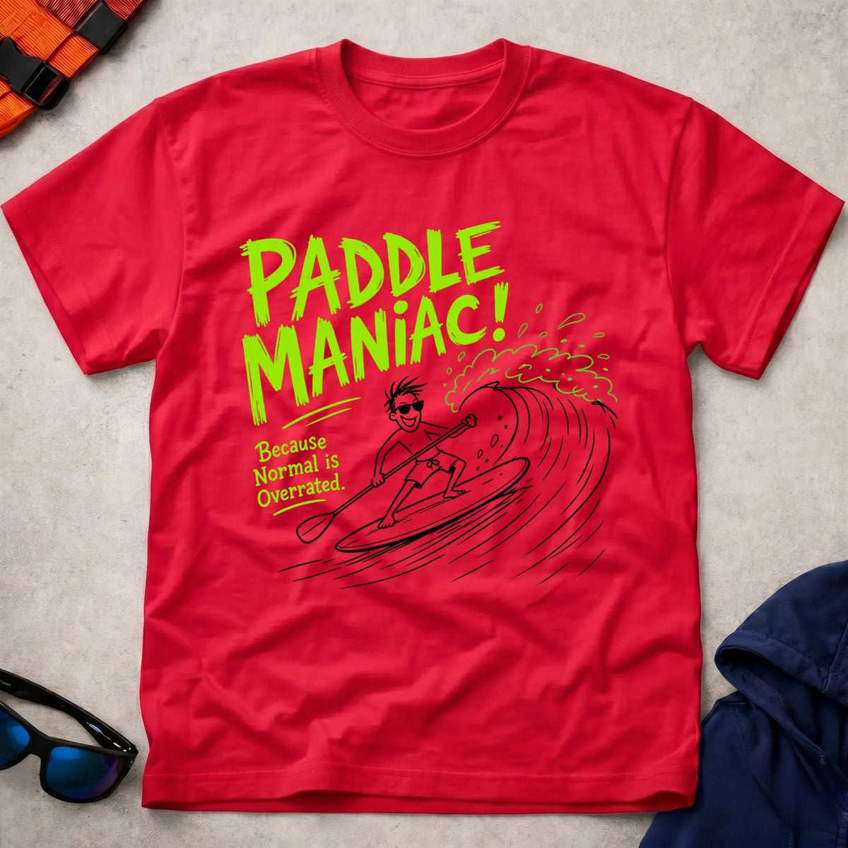 Red Paddle Maniac t-shirt for obsessive paddlers, Vector Paddle