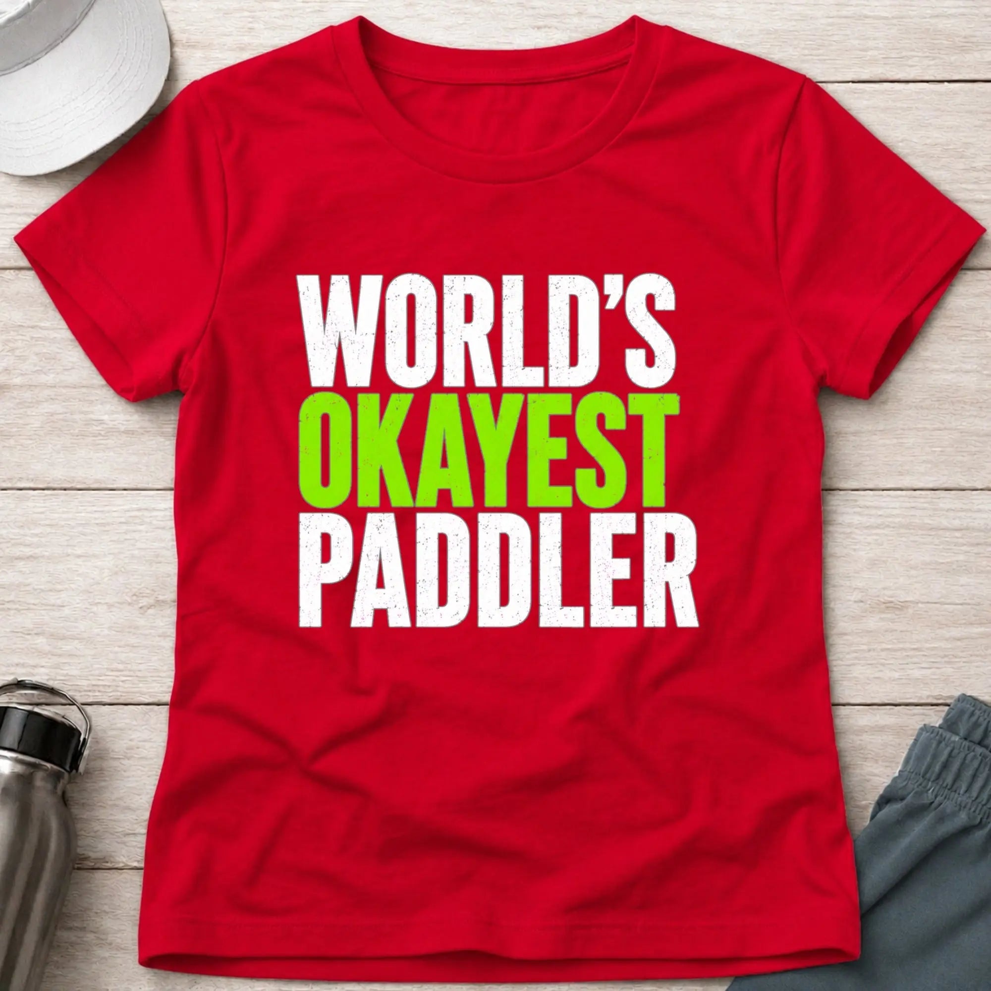World's Okayest Paddler fitted tee in Red — funny women's paddling tee — Vector Paddle