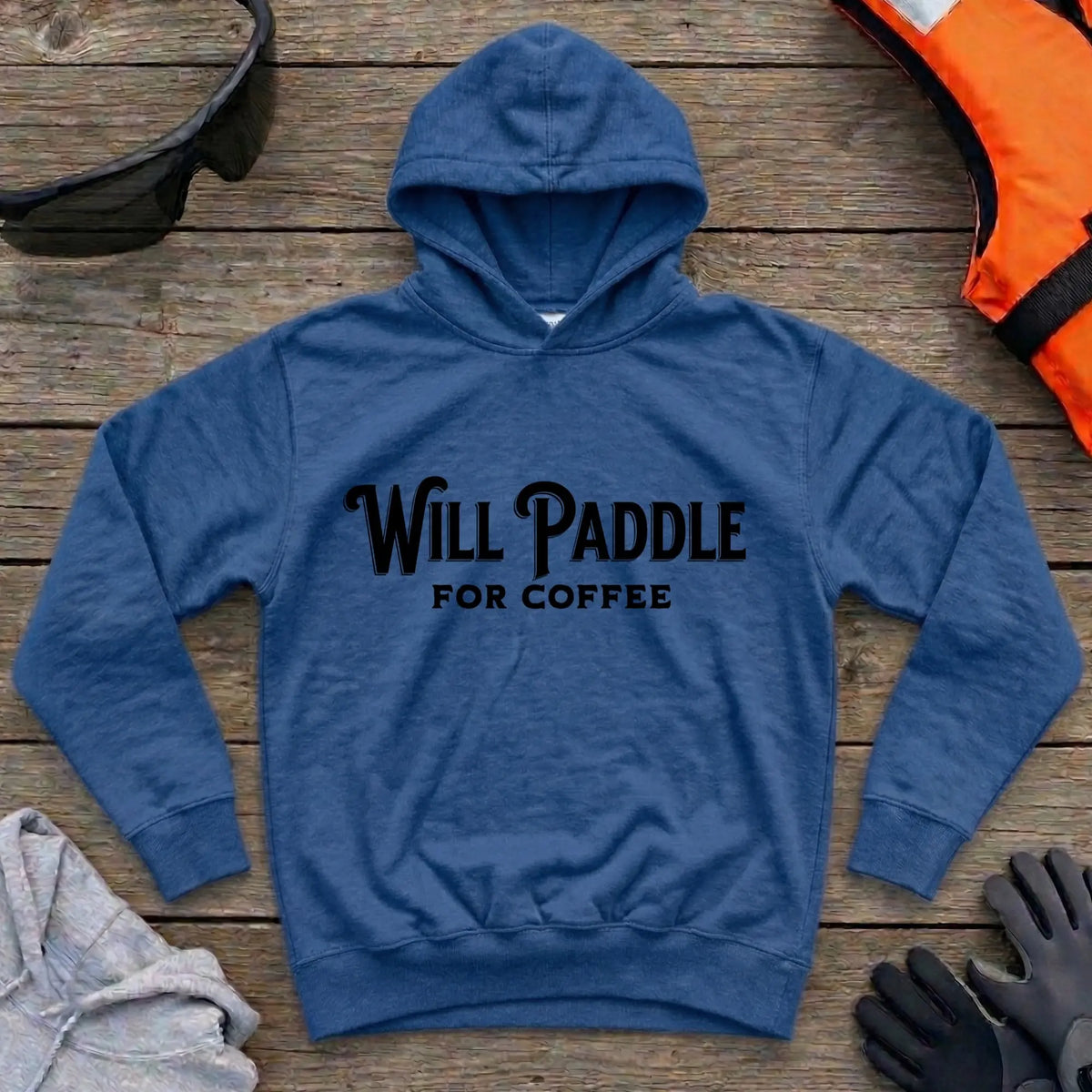 Will Paddle For Coffee hoodie in Royal — coffee-loving paddler slogan design — Vector Paddle