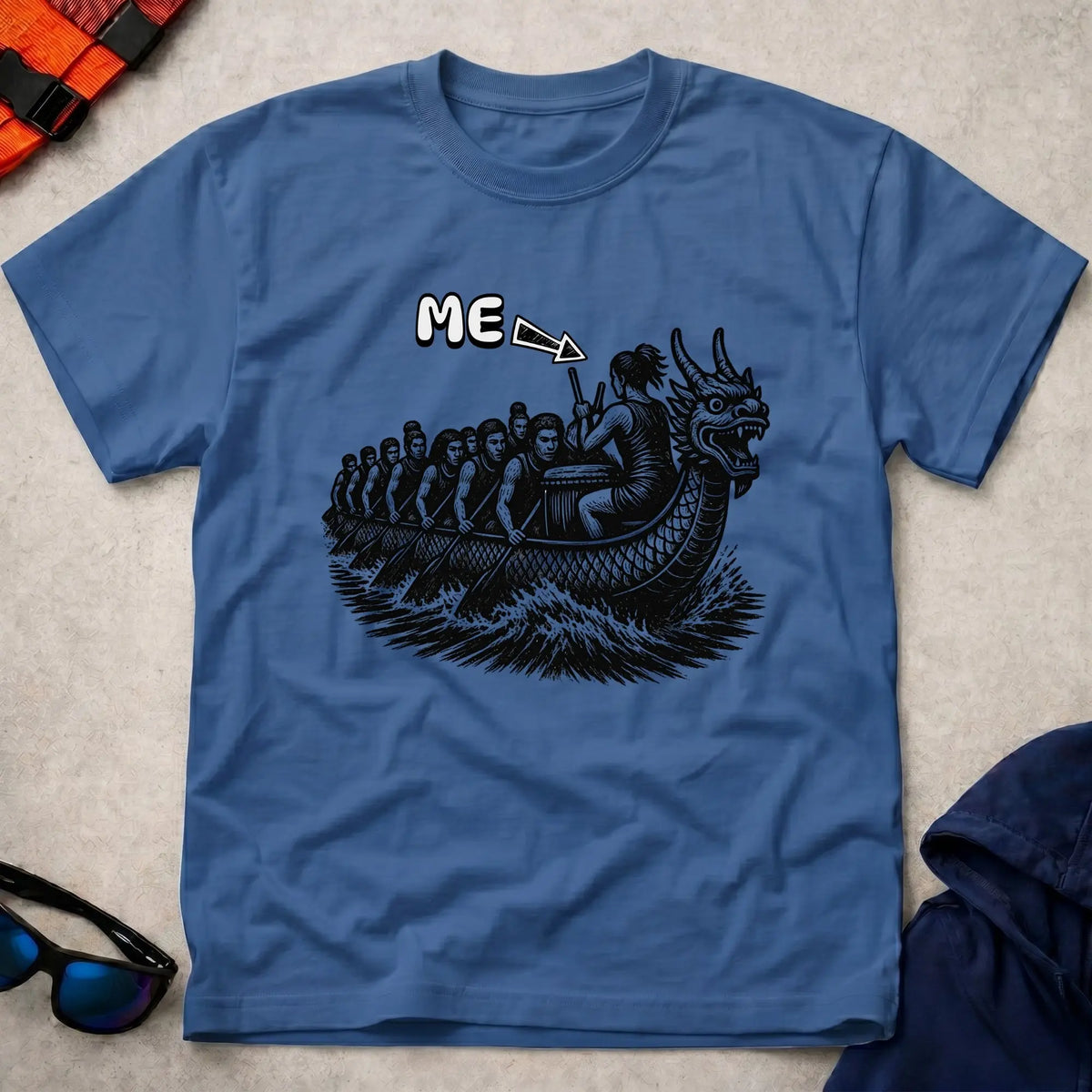 That's Me Drummer tee in Royal Blue — woodcut dragon boat with 'ME' arrow on the drummer — Vector Paddle