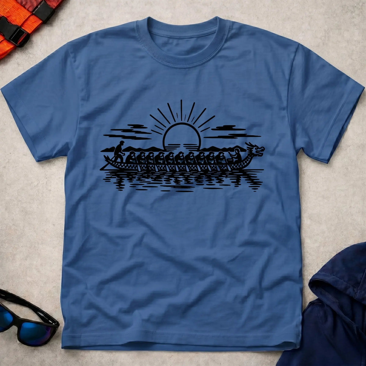 Dawn Crew tee in Royal Blue — dragon boat crew paddling at sunrise — Vector Paddle
