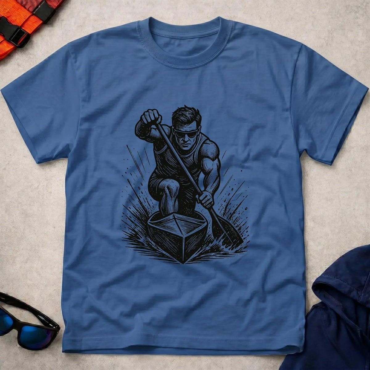 One Knee, One Blade tee in Royal Blue — woodcut C1 sprint canoeist in full drive — Vector Paddle