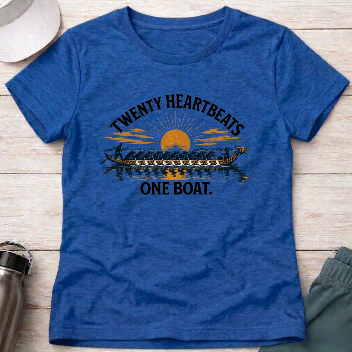 Twenty Heartbeats One Boat fitted tee in Royal Blue — full-crew dragon boat at sunset — Vector Paddle