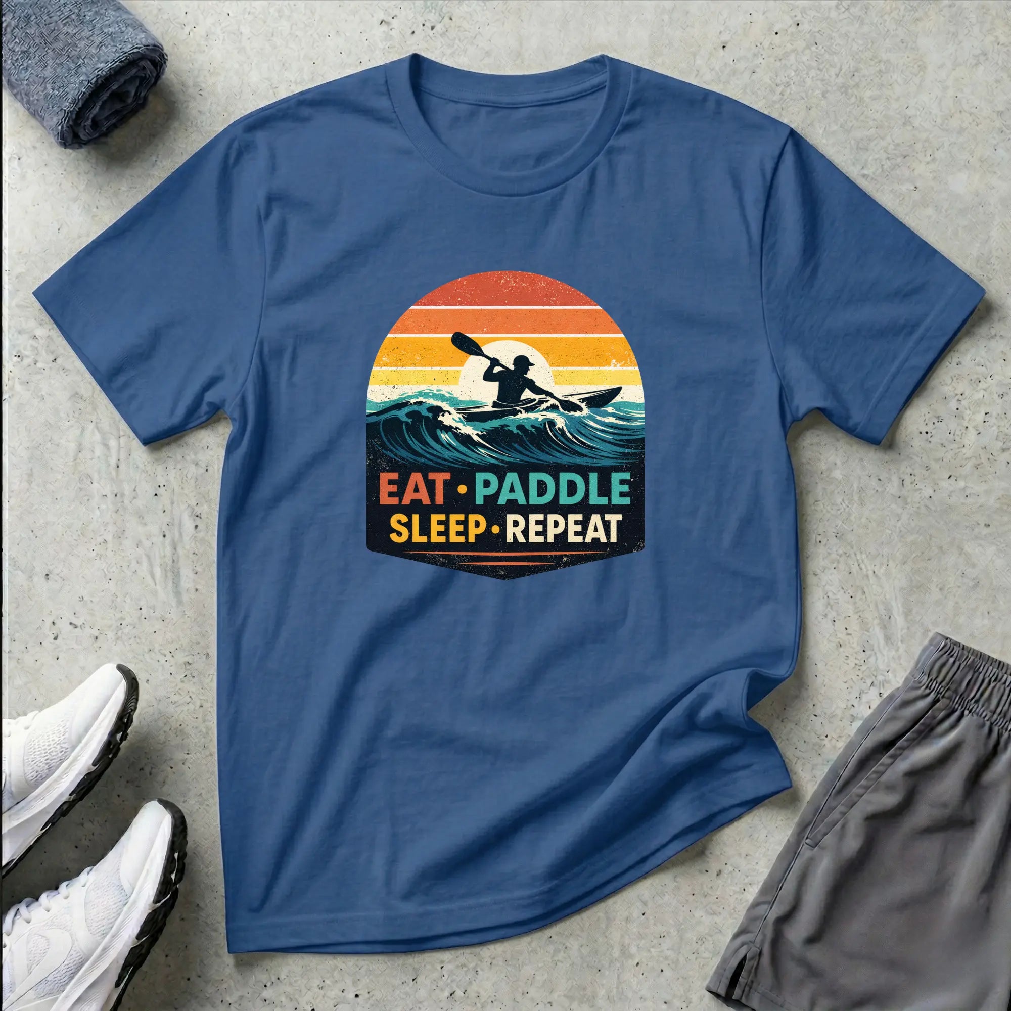Eat Paddle Sleep Repeat. Ocean Kayak retro colour sunset T-Shirt Printify