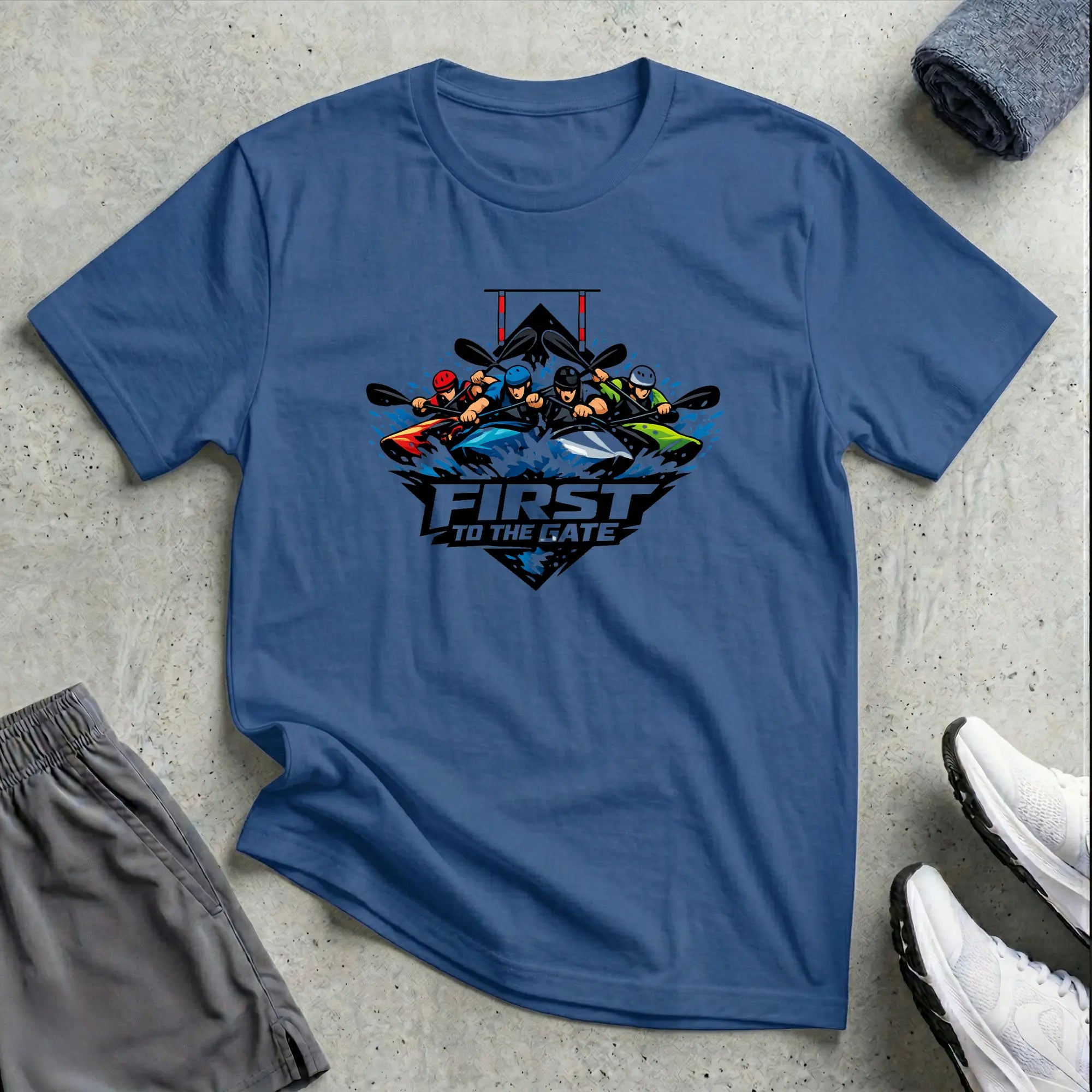 First To The Gate. Kayak Cross T-Shirt Printify