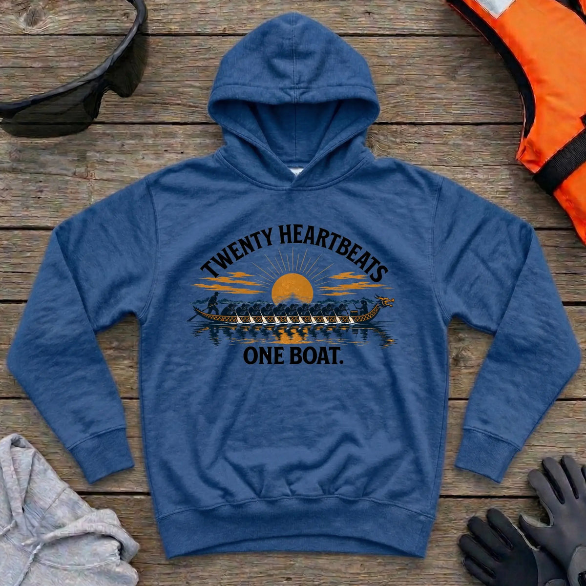 Twenty Heartbeats One Boat hoodie in Royal — dragon boat crew paddling in unison — Vector Paddle