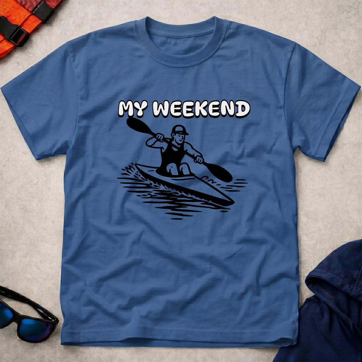 My Weekend K1 Sprint tee in Royal Blue — cartoon K1 sprint kayaker with 'My Weekend' lettering — Vector Paddle