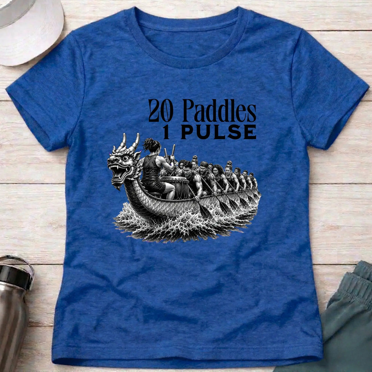 20 Paddles 1 Pulse fitted tee in Royal Blue — dragon boat crew with drummer — Vector Paddle