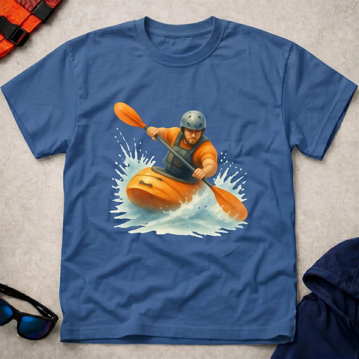 Read The River tee in Royal Blue — watercolour whitewater kayaker in rapids — Vector Paddle