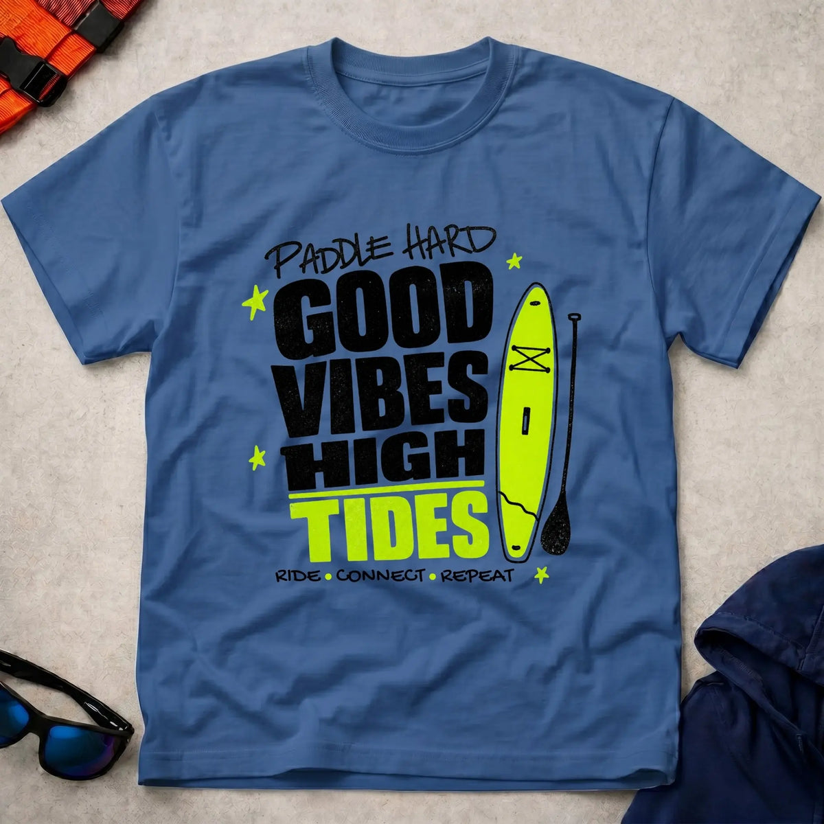 Royal Good Vibes High Tides paddling t-shirt for laid-back water days, Vector Paddle