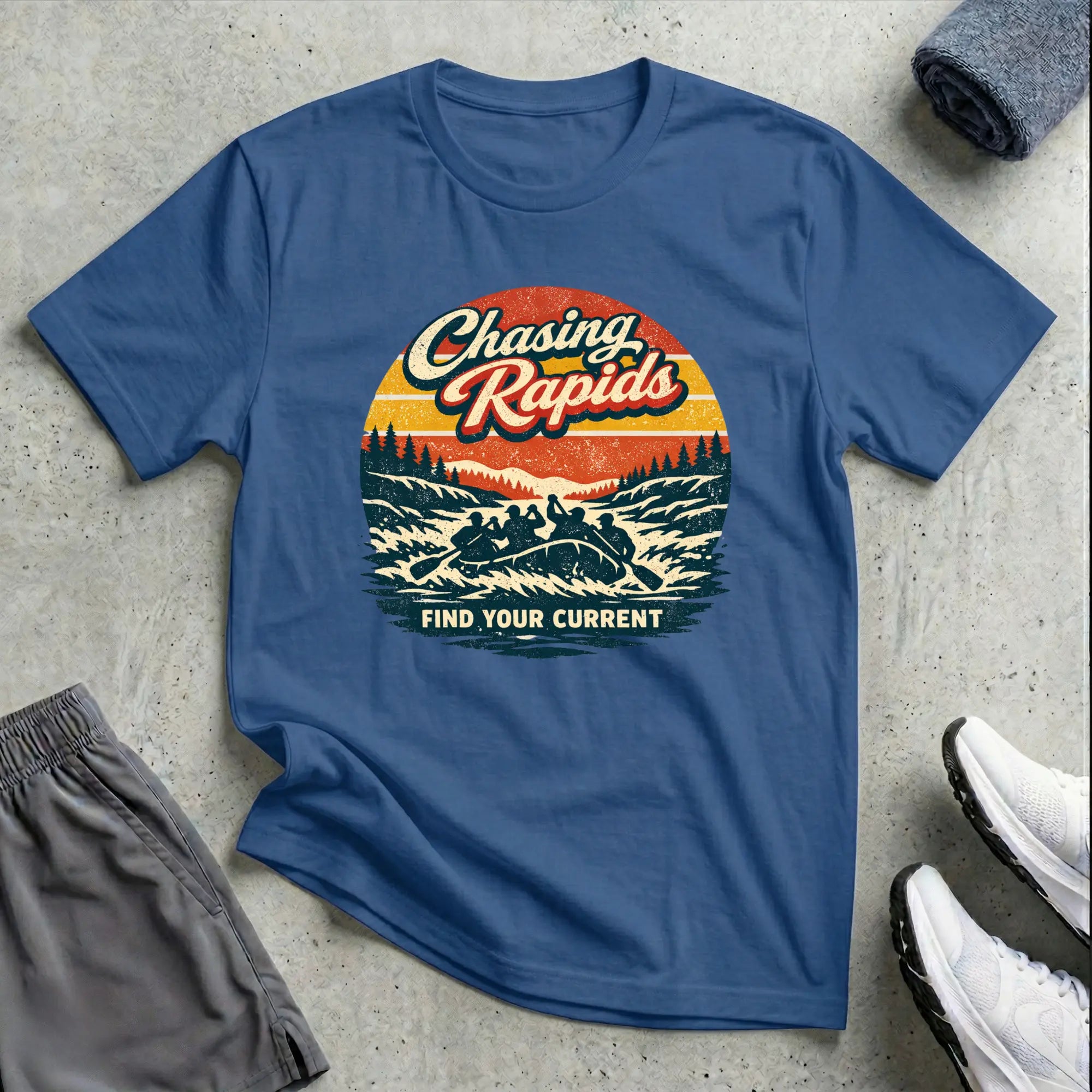 Chasing Rapids - Retro. Rafting T-Shirt Relaxing Printify