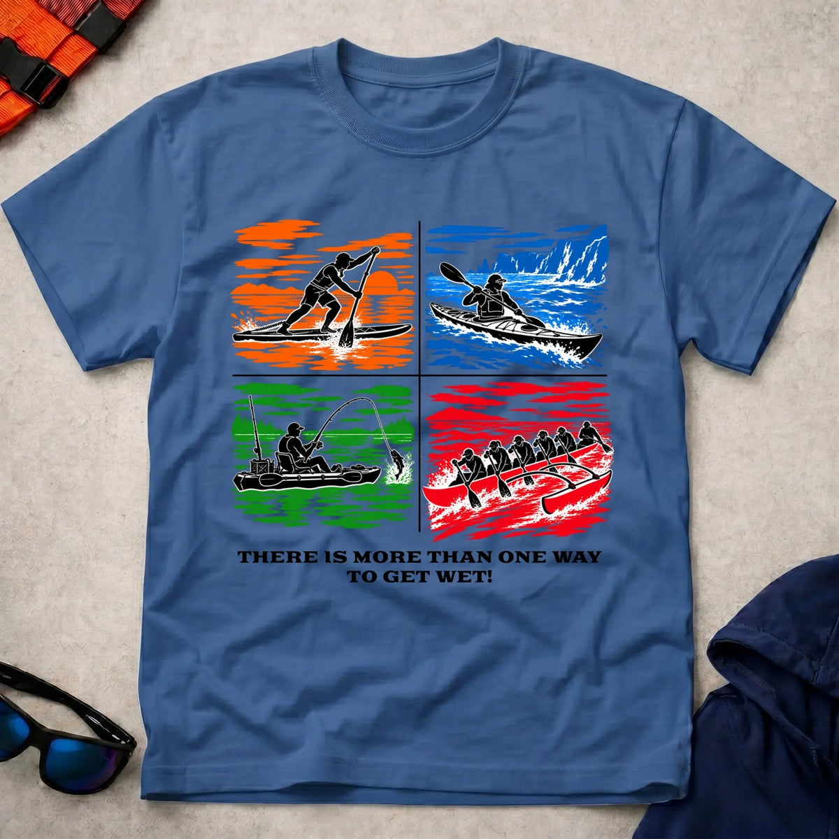 More Than One Way tee in Royal Blue — four-panel design with SUP, sea kayak, kayak fishing and OC6 outrigger — Vector Paddle