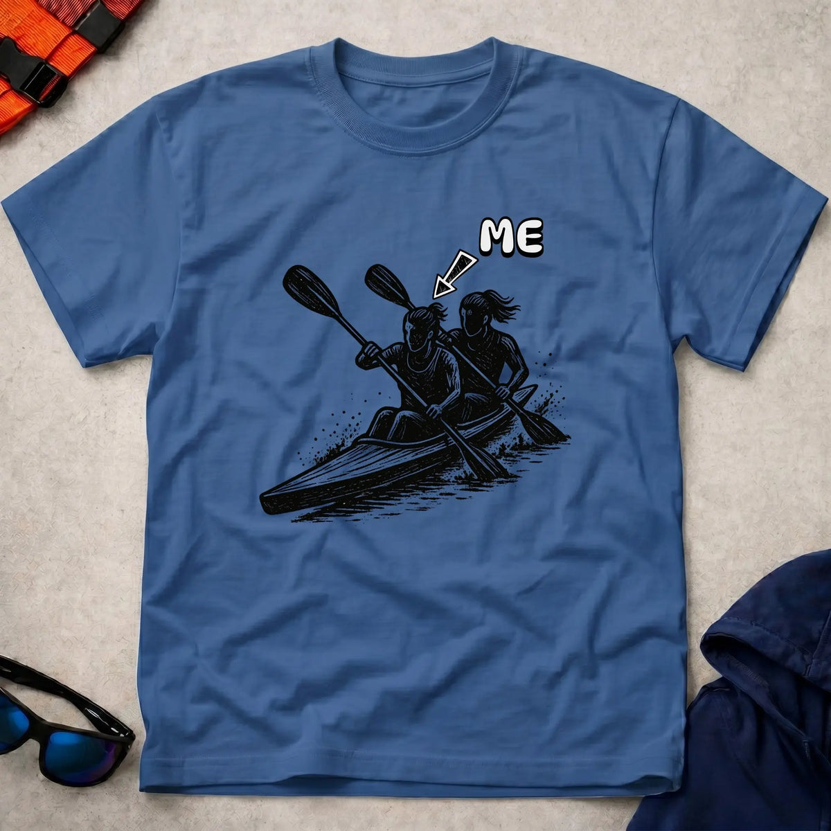 That's Me K2 Bow tee in Royal Blue — woodcut K2 kayak with 'ME' arrow on the bow paddler — Vector Paddle