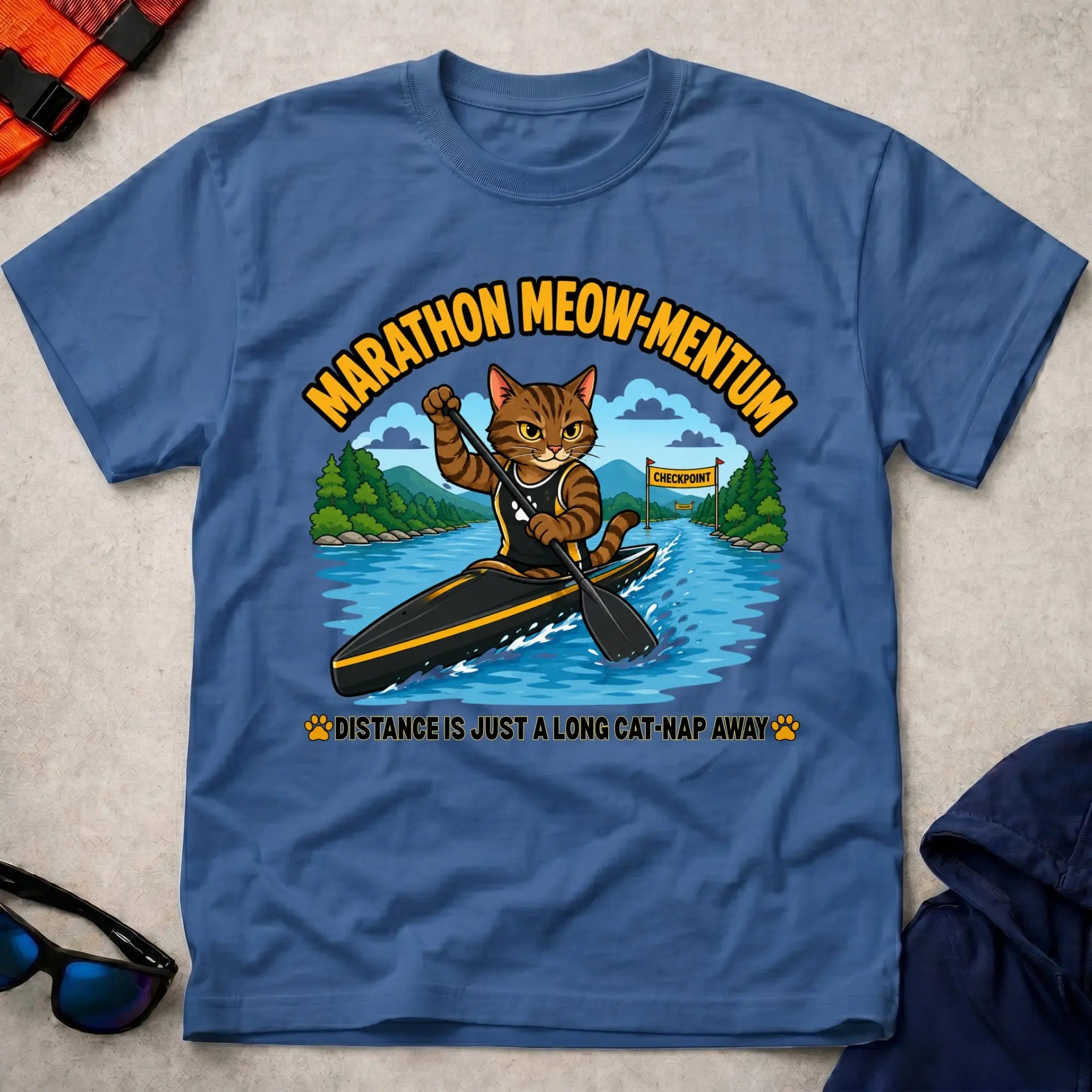 Royal Marathon Meow-mentum tee — marathon paddling cat-lover gift — Vector Paddle