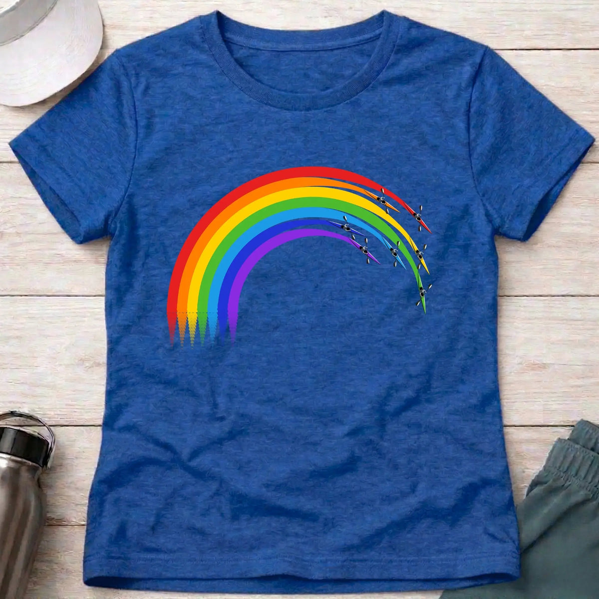 Over The Rainbow fitted tee in Royal Blue — rainbow kayak wake design — Vector Paddle