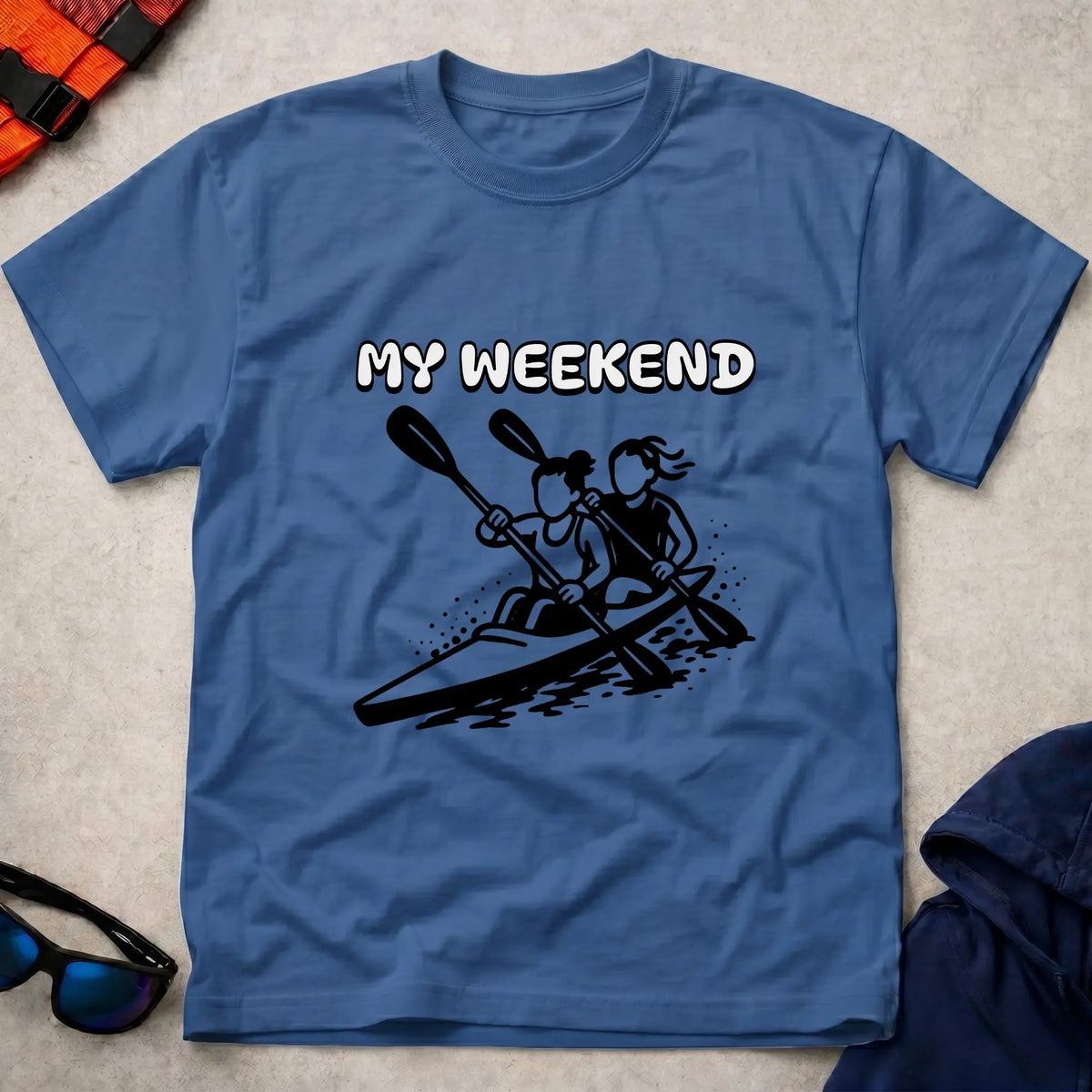 My Weekend K2 tee in Royal Blue — cartoon K2 kayak crew with 'My Weekend' lettering — Vector Paddle