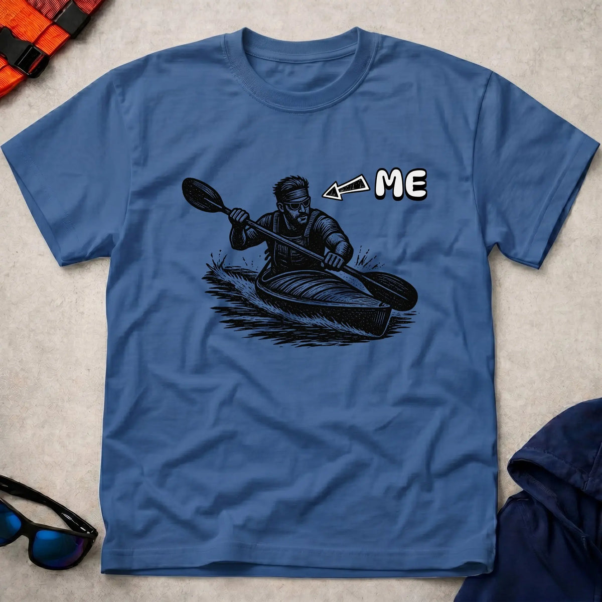 That's Me K1 tee in Royal Blue — woodcut kayaker in headband and shades with 'ME' arrow — Vector Paddle
