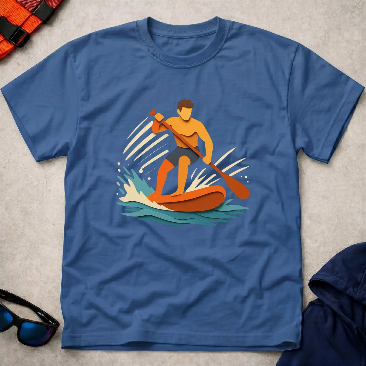 Cut Through tee in Royal Blue — paper-cut stand-up paddleboarder in orange and teal — Vector Paddle