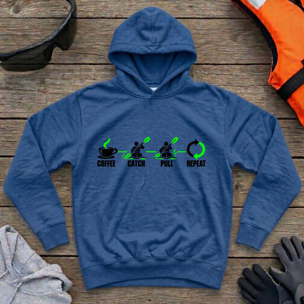 Coffee Catch Pull Repeat hoodie in Royal — coffee and paddle stroke humour design — Vector Paddle