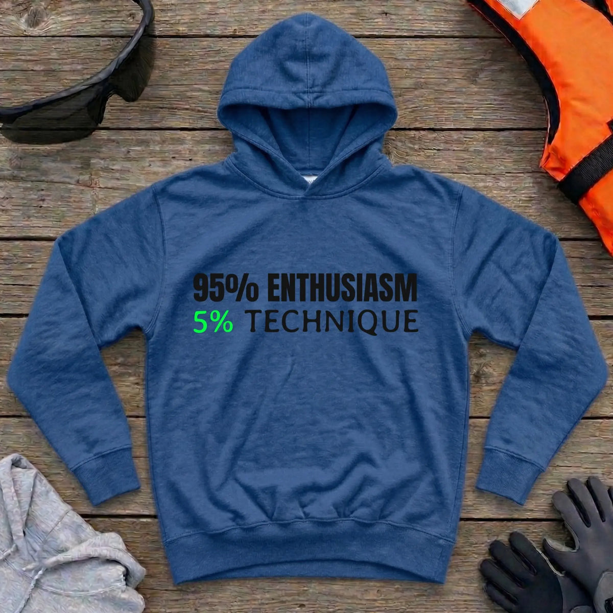 95% Enthusiasm hoodie in Royal — self-deprecating paddling humour design — Vector Paddle