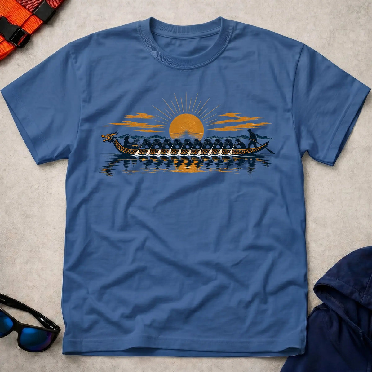 Golden Hour Dragon tee in Royal Blue — navy and gold dragon boat crew at sunset — Vector Paddle