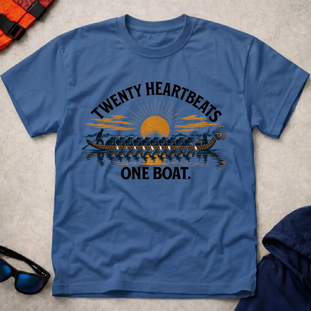 Twenty Heartbeats, One Boat unisex tee in Royal — dragon boat crew tee — Vector Paddle
