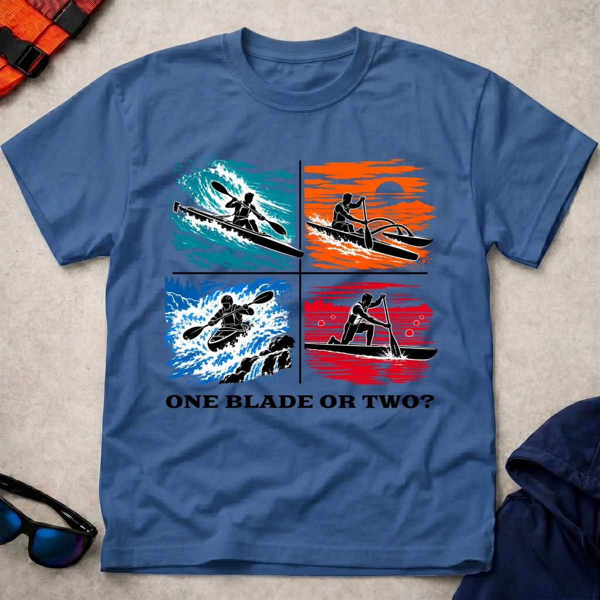 One Blade Or Two tee in Royal Blue — four-panel design with surfski, OC1 outrigger, whitewater kayak and C1 canoe — Vector Paddle