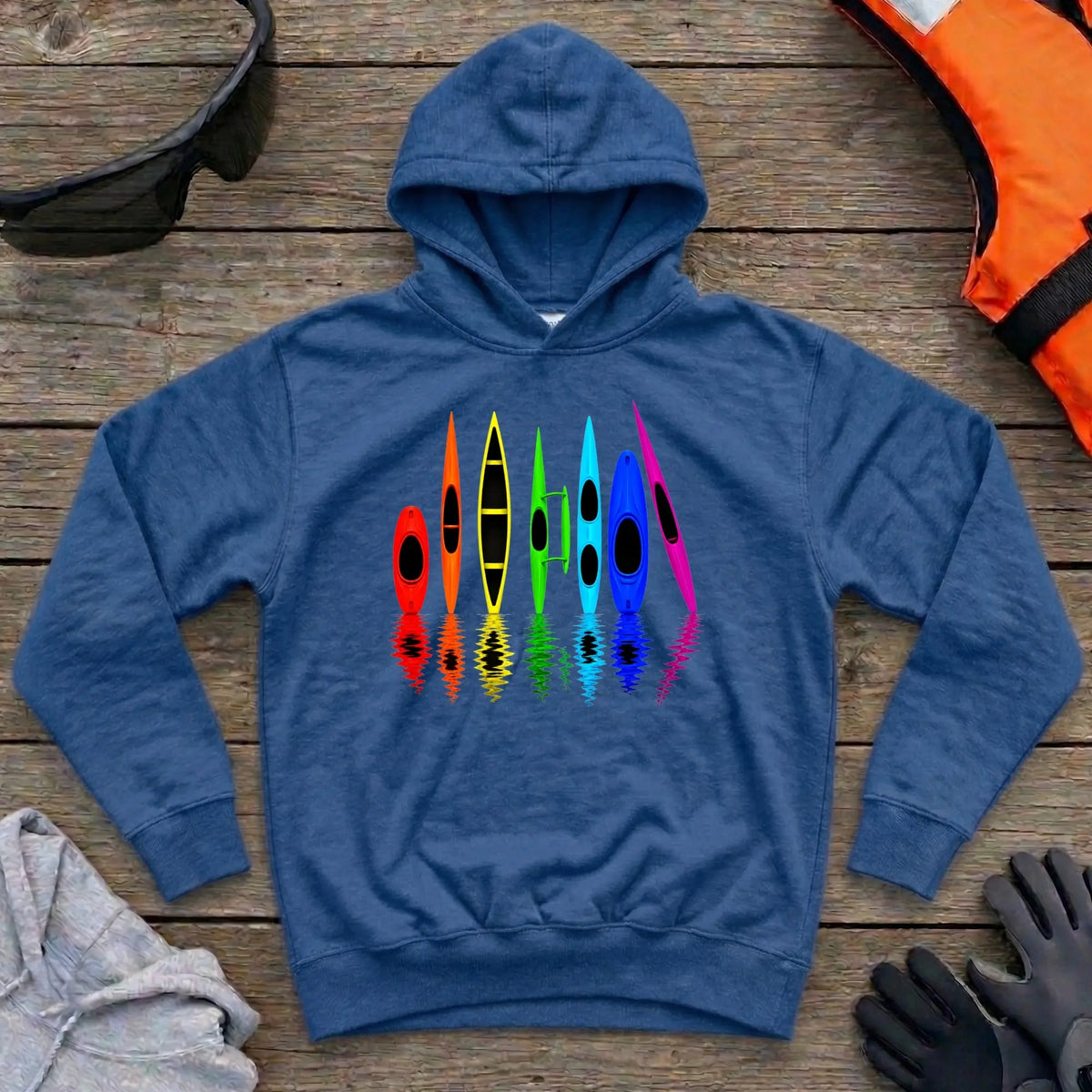All The Boats hoodie in Royal — kayak, canoe, outrigger and surfski fleet design — Vector Paddle