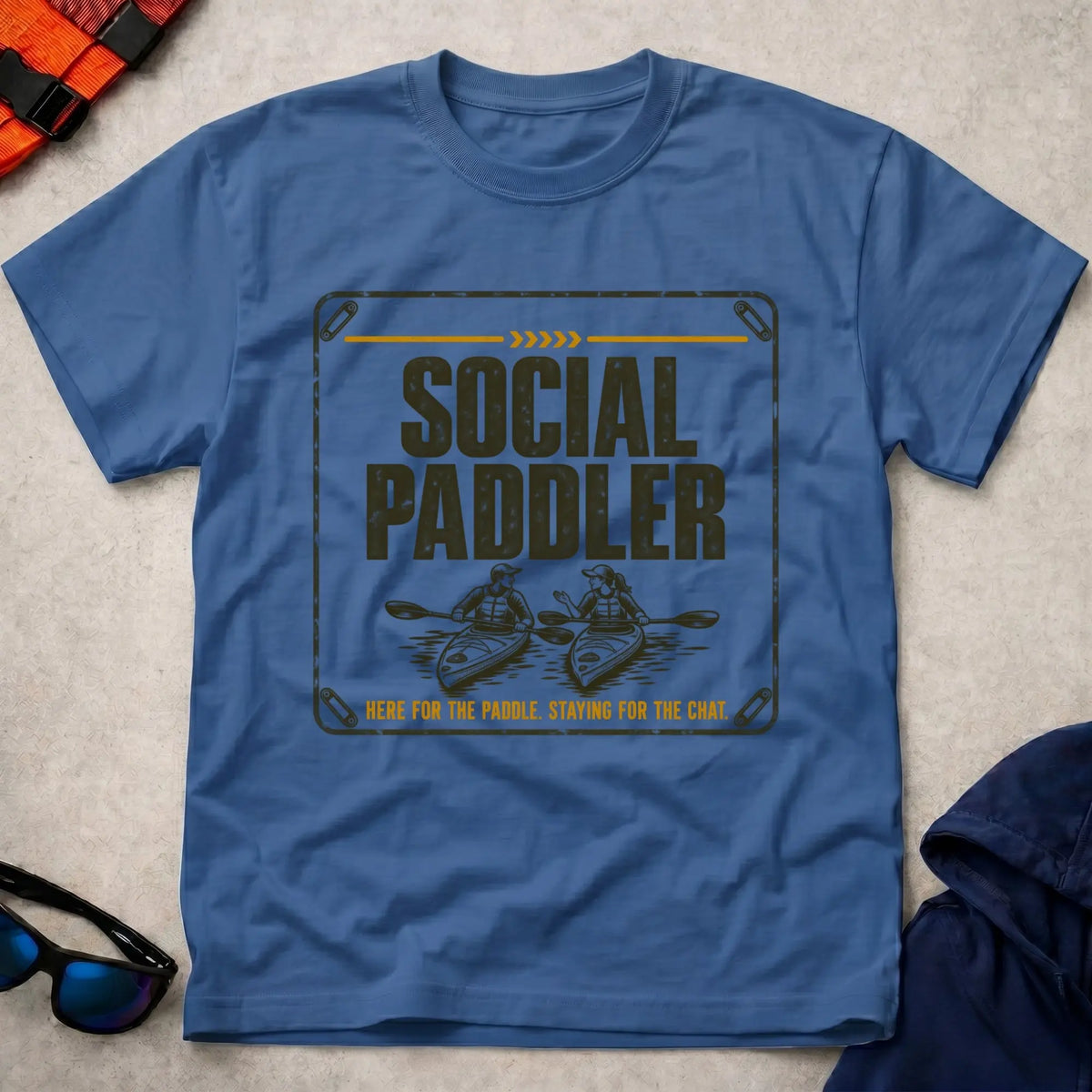 Social Paddler tee in Royal Blue — vintage two-kayak social paddling graphic — Vector Paddle