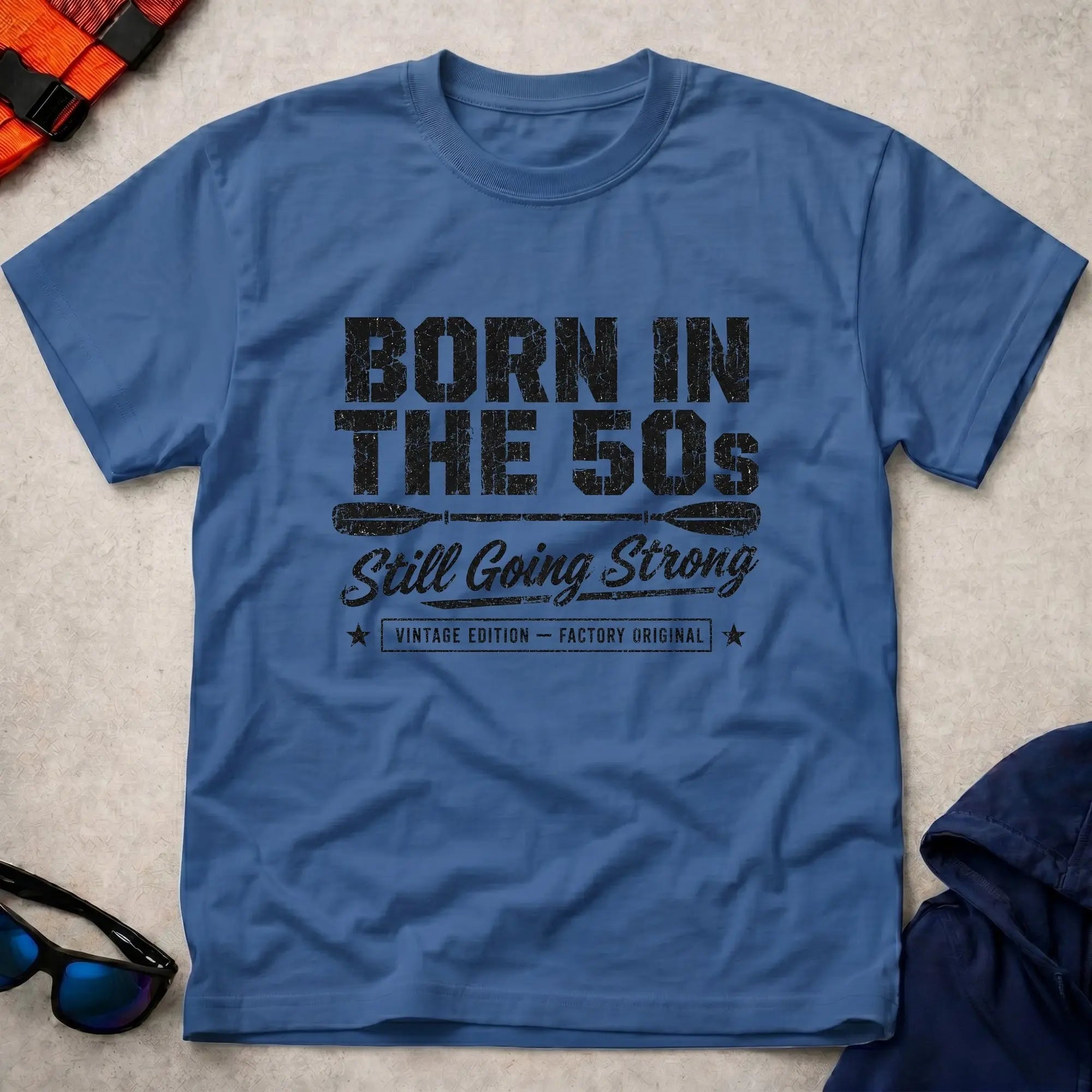 Born In The 50s – Still Going Strong retro paddling tee in Royal | Vector Paddle
