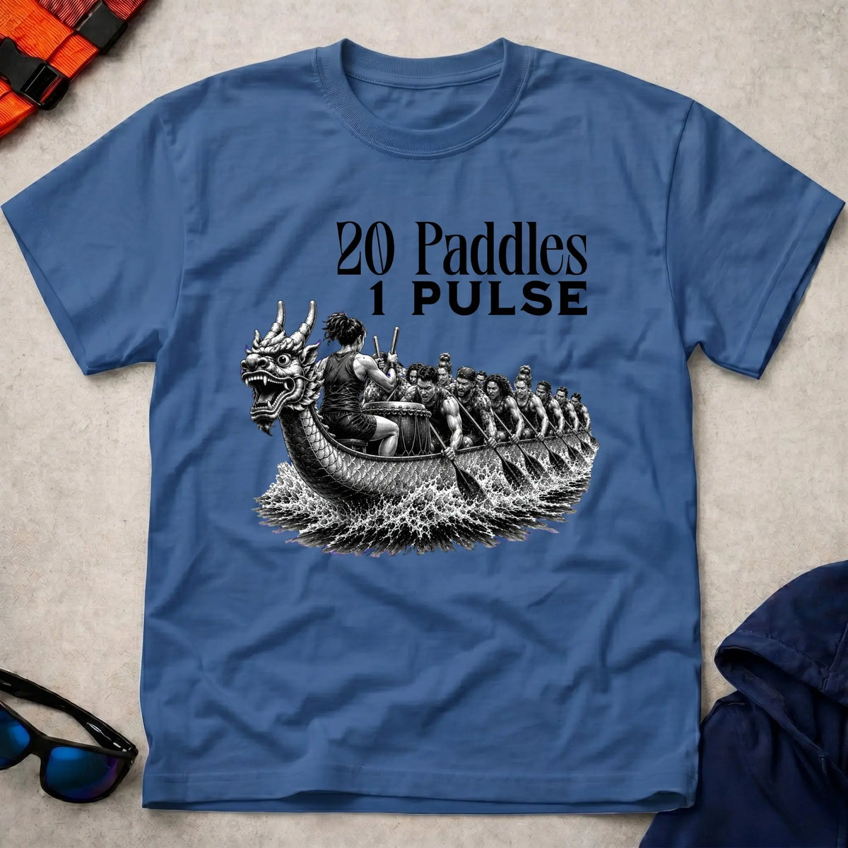 20 Paddles 1 Pulse tee in Royal Blue — dragon boat crew with drummer — Vector Paddle
