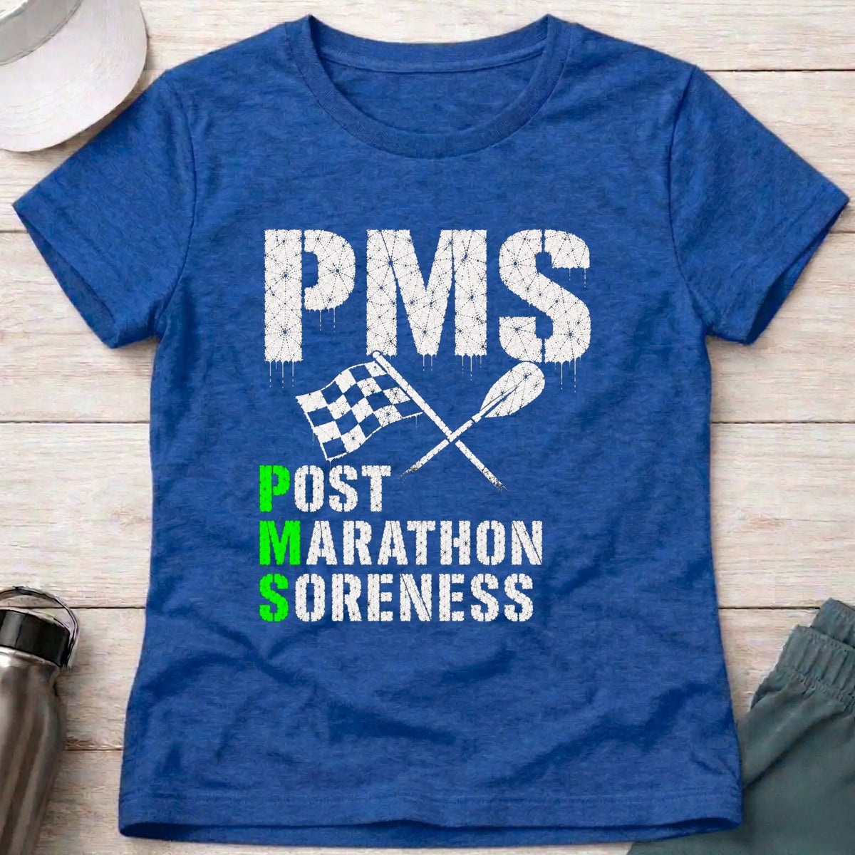 Royal P.M.S. fitted tee — Post Marathon Soreness gift for women — Vector Paddle