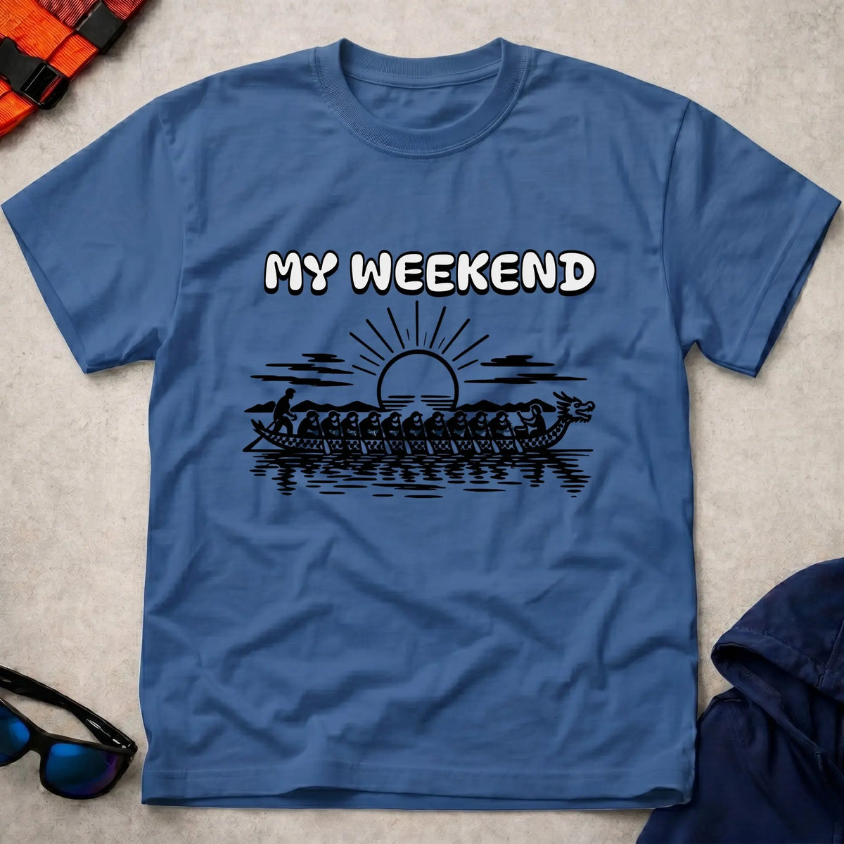 My Weekend Dragon Boat tee in Royal Blue — dragon boat crew at sunrise with 'My Weekend' lettering — Vector Paddle