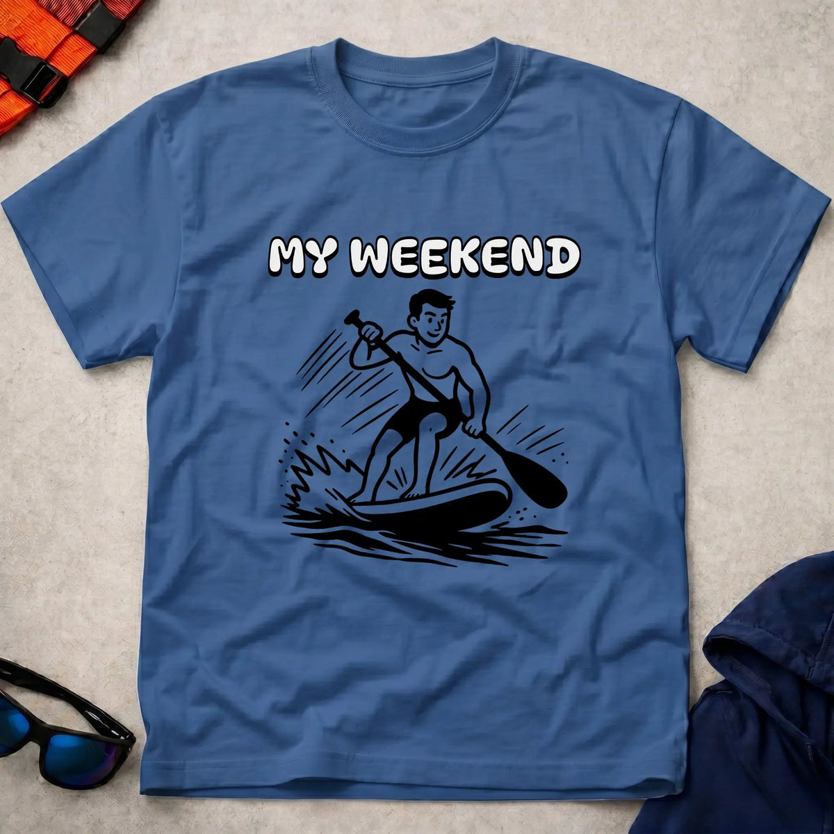 My Weekend SUP tee in Royal Blue — cartoon stand-up paddleboarder with 'My Weekend' lettering — Vector Paddle
