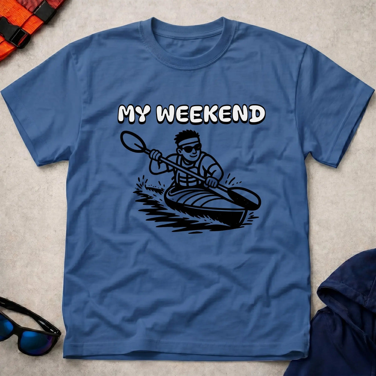 My Weekend K1 tee in Royal Blue — cartoon kayaker with 'My Weekend' lettering — Vector Paddle