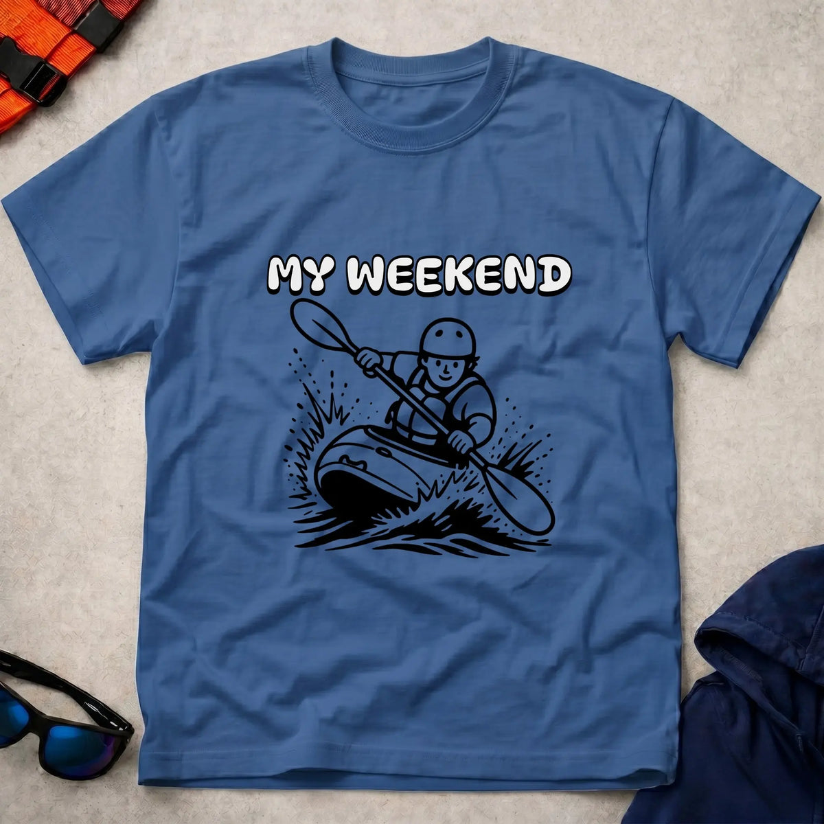 My Weekend Whitewater tee in Royal Blue — cartoon whitewater kayaker with 'My Weekend' lettering — Vector Paddle