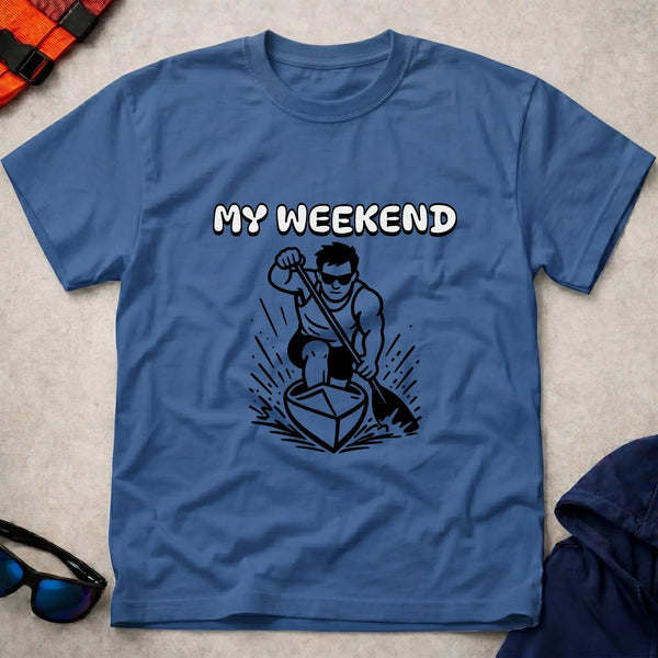 My Weekend C1 tee in Royal Blue — cartoon C1 sprint canoeist with 'My Weekend' lettering — Vector Paddle