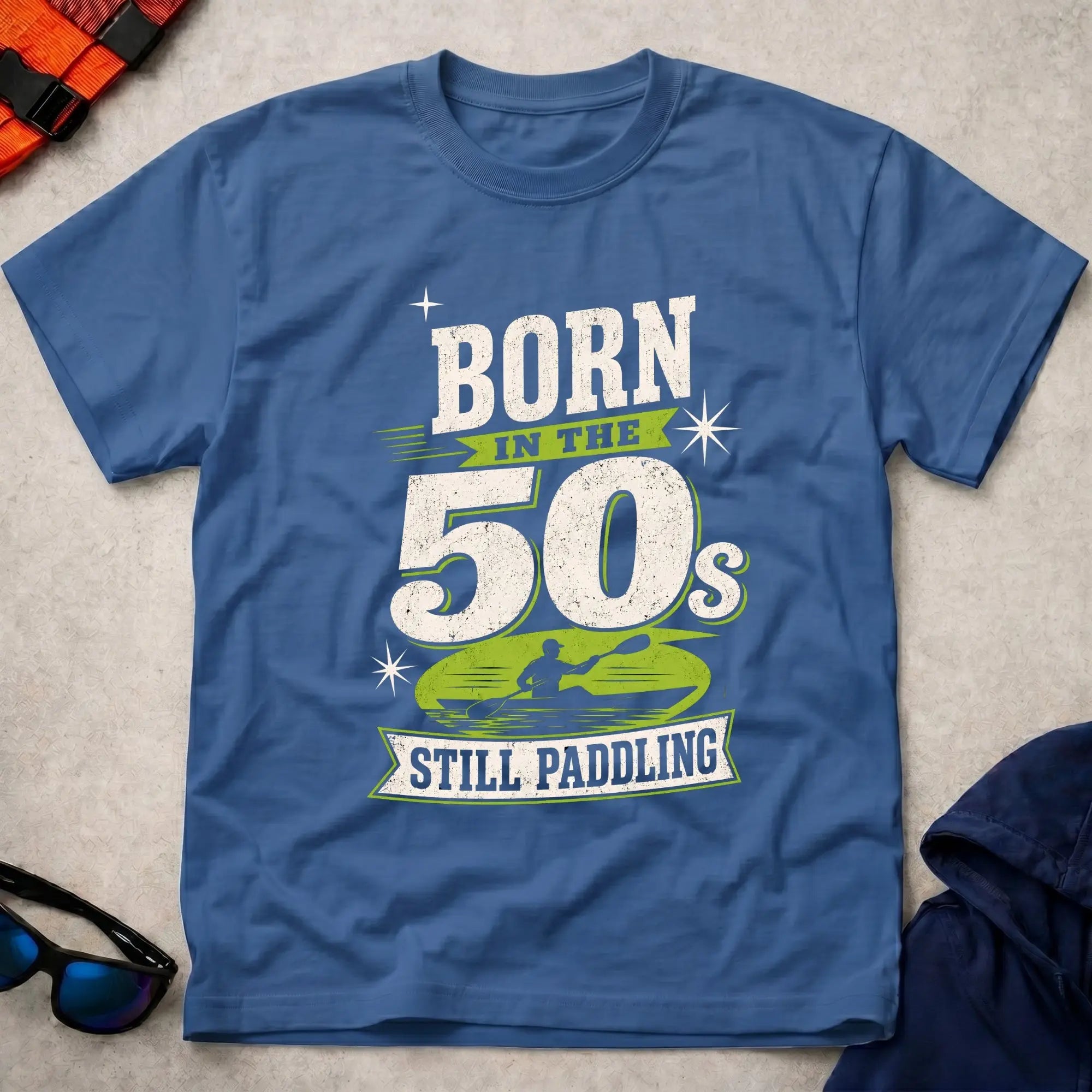 Born In The 50s – Still Paddling kayaker typography tee in Royal | Vector Paddle