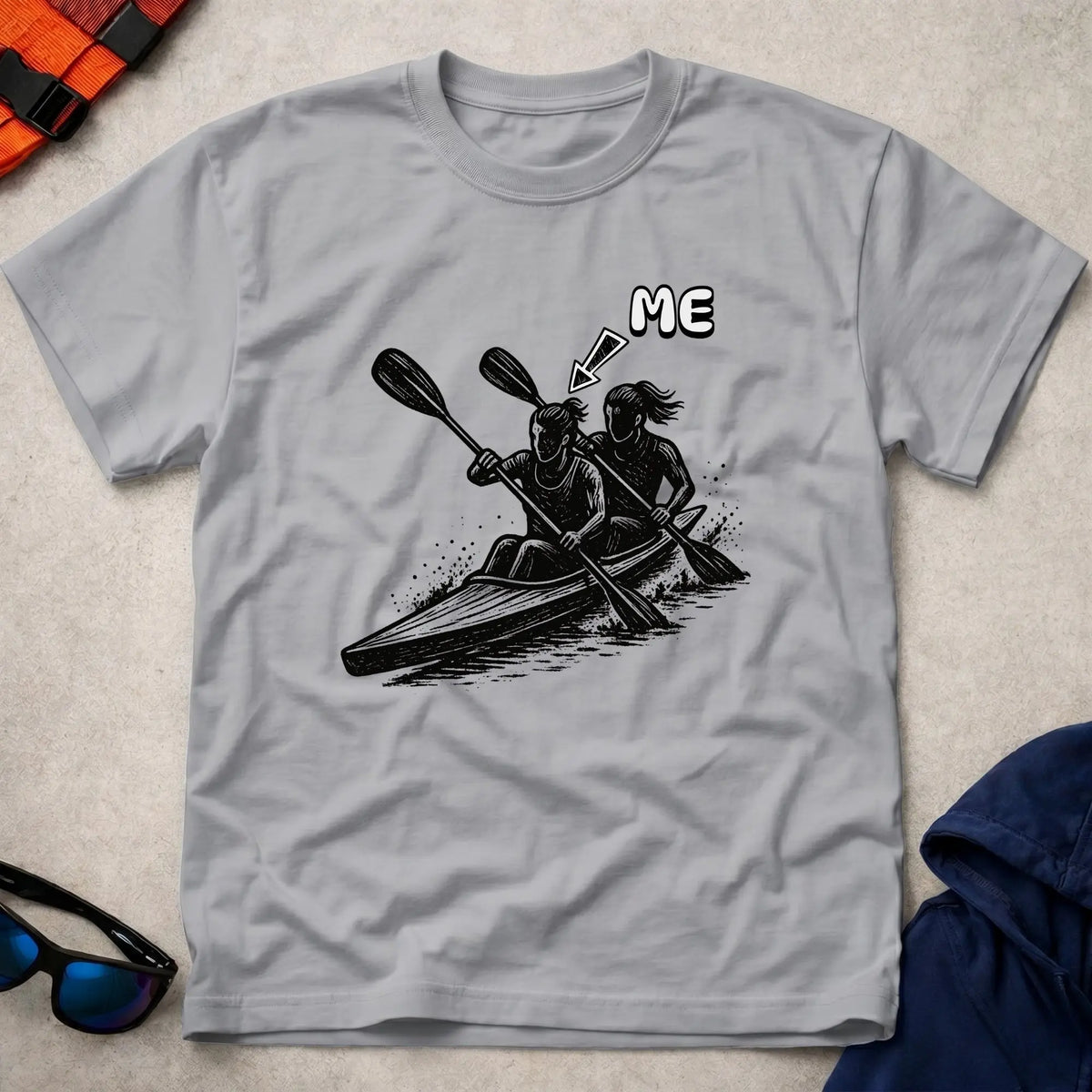 That's Me K2 Bow tee in Sport Grey — woodcut K2 kayak with 'ME' arrow on the bow paddler — Vector Paddle