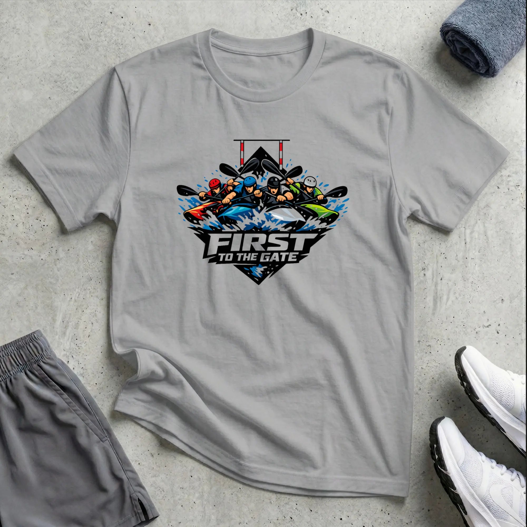 First To The Gate. Kayak Cross T-Shirt Printify