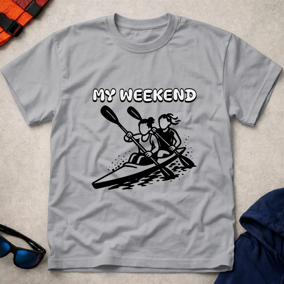 My Weekend K2 tee in Sport Grey — cartoon K2 kayak crew with 'My Weekend' lettering — Vector Paddle