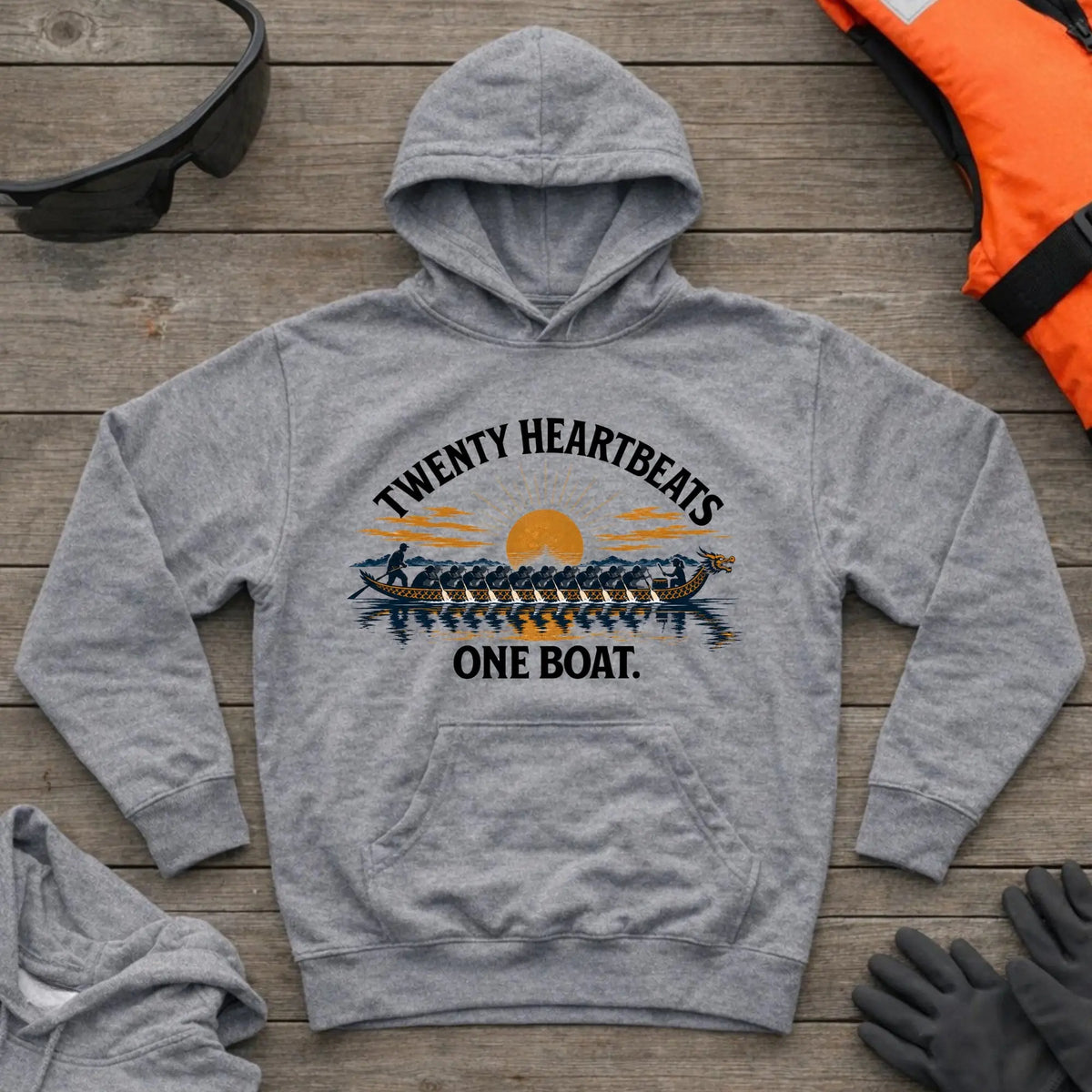Twenty Heartbeats One Boat hoodie in Sport Grey — dragon boat crew paddling in unison — Vector Paddle