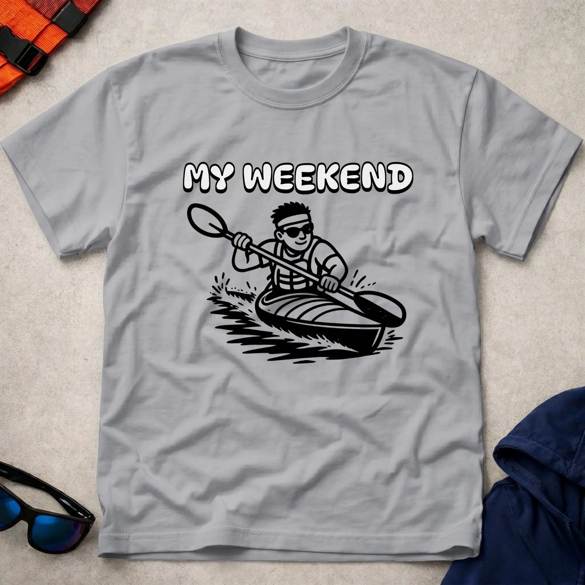 My Weekend K1 tee in Sport Grey — cartoon kayaker with 'My Weekend' lettering — Vector Paddle