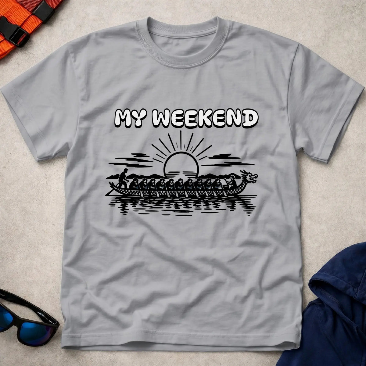 My Weekend Dragon Boat tee in Sport Grey — dragon boat crew at sunrise with 'My Weekend' lettering — Vector Paddle