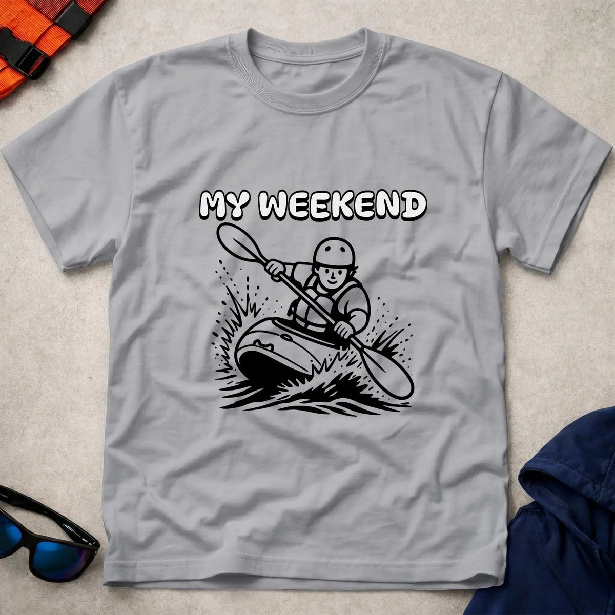 My Weekend Whitewater tee in Sport Grey — cartoon whitewater kayaker with 'My Weekend' lettering — Vector Paddle