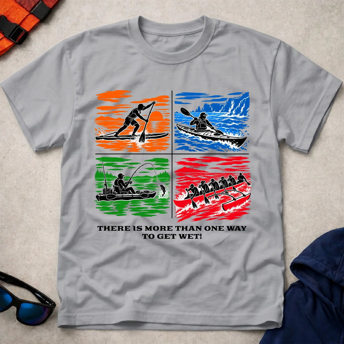 More Than One Way tee in Sport Grey — four-panel design with SUP, sea kayak, kayak fishing and OC6 outrigger — Vector Paddle