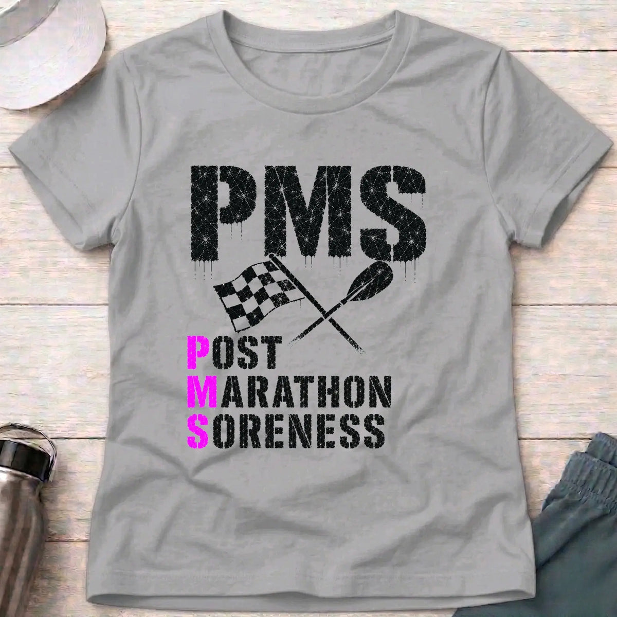 Sport Grey P.M.S. fitted tee — Post Marathon Soreness gift for women — Vector Paddle