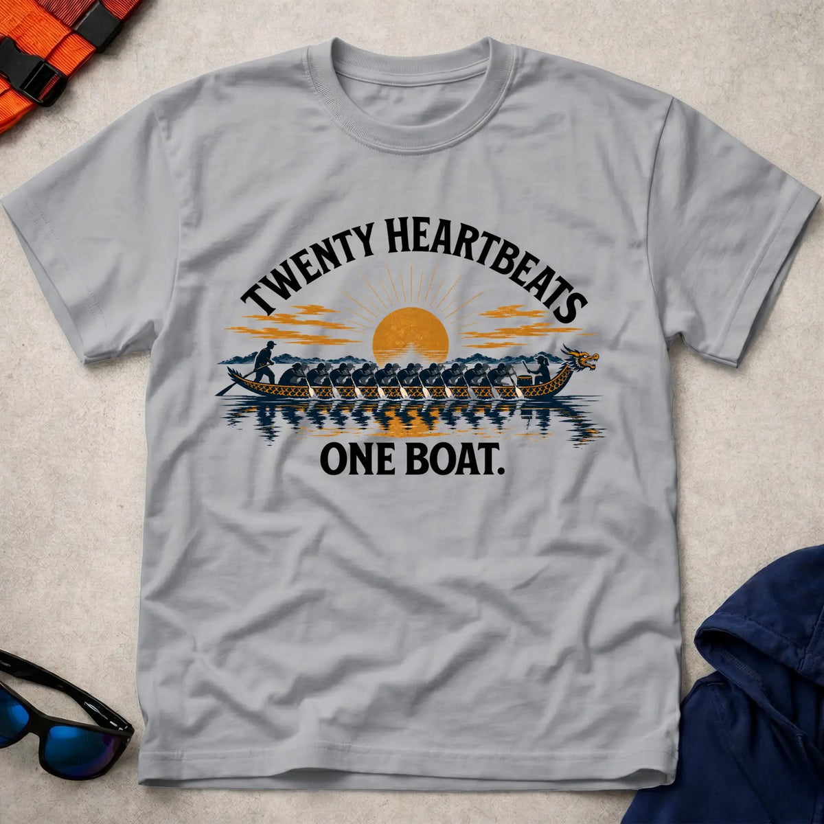 Twenty Heartbeats, One Boat unisex tee in Sport Grey — dragon boat crew tee — Vector Paddle